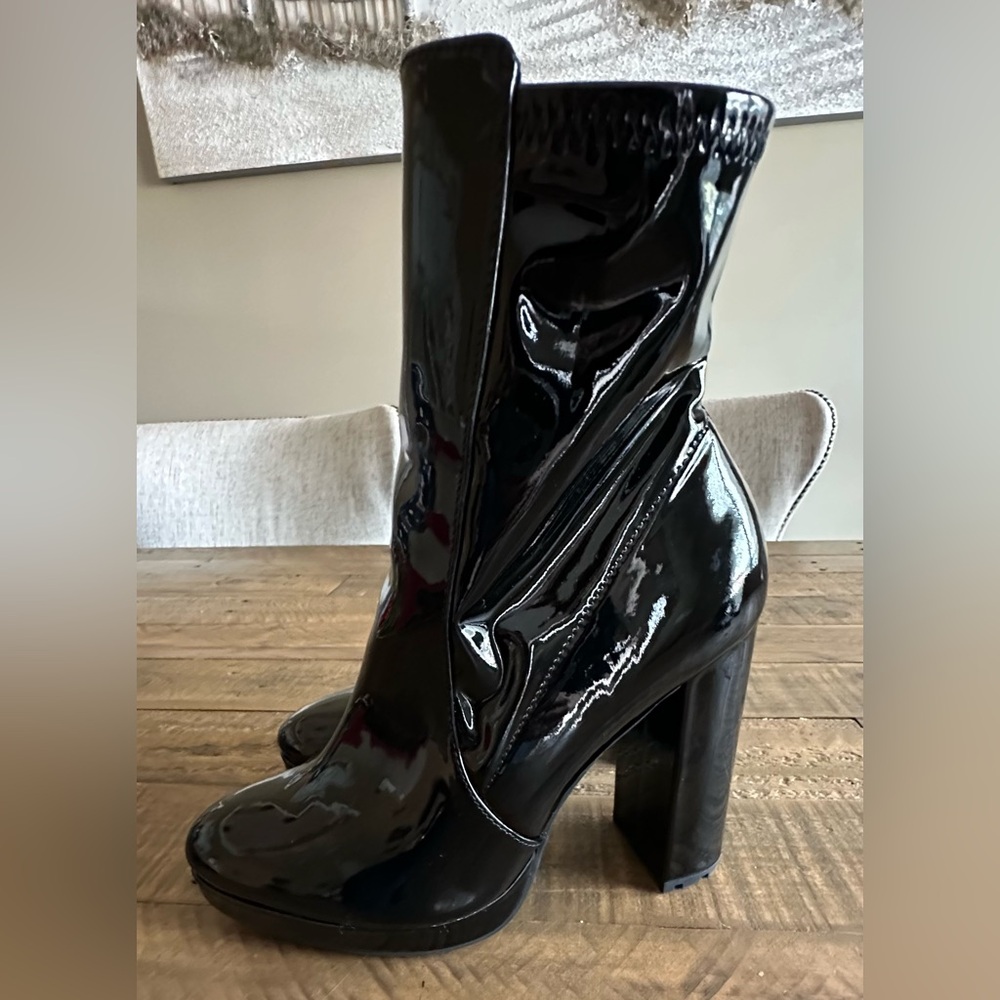 Aldo Glossy Black Patent Chunky Heel Ankle Boots